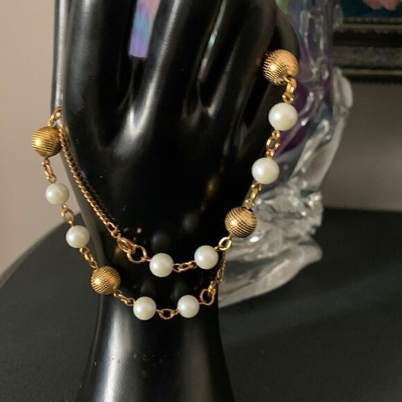 Delicate Gold and Pearl beaded bracelets (PAIR), Unmarked - Picture 3 of 6
